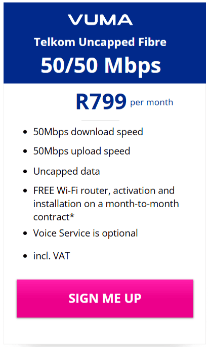 Telkom Vuma Fibre 50/50Mbps Package