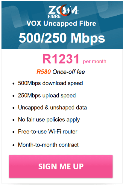 Vox Zoom Fibre 500/250 Mbps Package