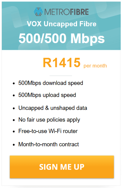 Vox Over Metrofibre Networx 500/500 Mbps deal