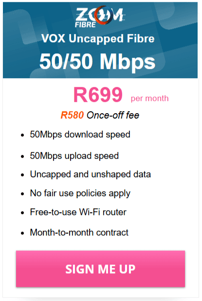 Vox Zoom Fibre 50/50 Mbps Package