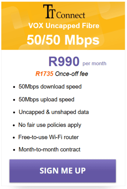 Vox TT Connect Fibre 50/50 Mbps Package
