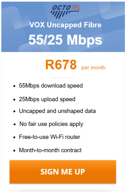 Vox Octotel Fibre 55/25 Mbps Package