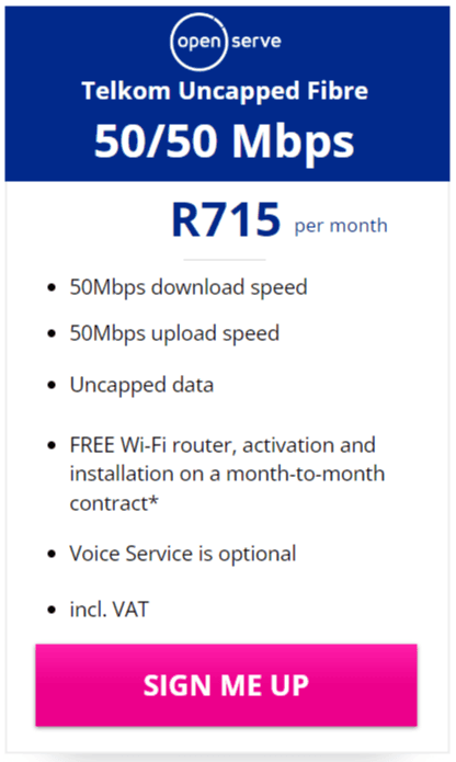 Telkom Fibre 50/50 Mbps Package