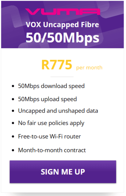 Vox Vuma Fibre 50/50Mbps Package
