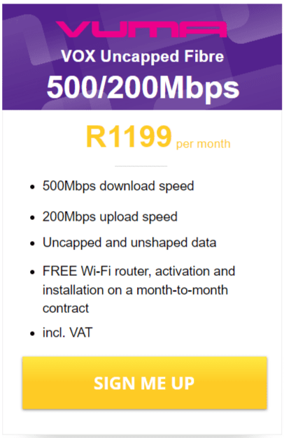 Vox Vuma Fibre 500/200 Mbps Package