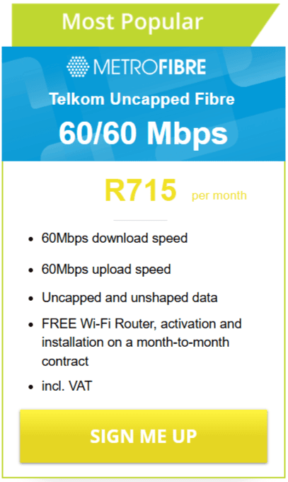 Telkom Fibre 60/60Mbps Package