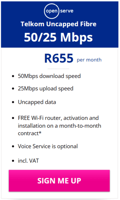 Telkom Fibre 50/25Mbps Package