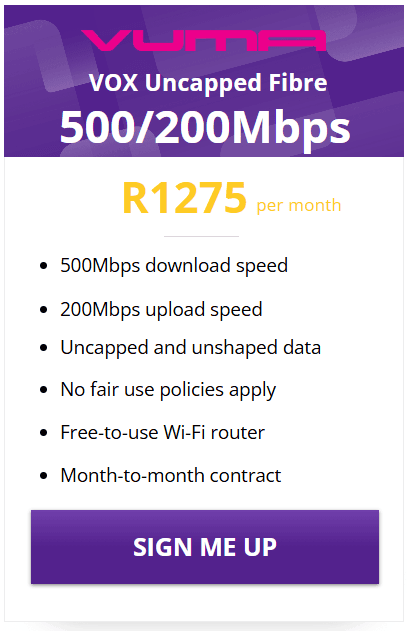 Vox vuma Fibre 500/200 Mbps Package