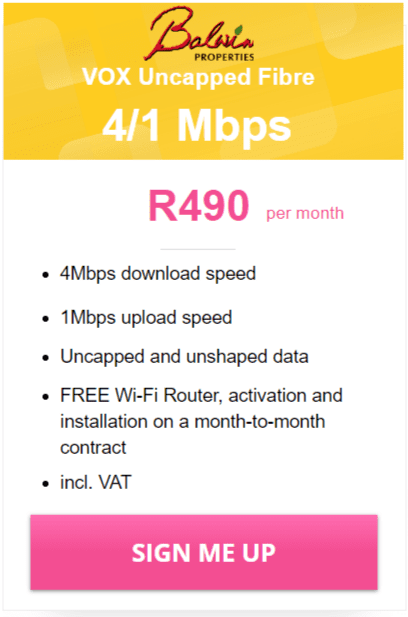 Vox Balwin Fibre 4/1 Mbps Package