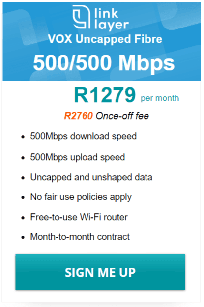 Vox Link Layer Fibre 500/500 Mbps Package