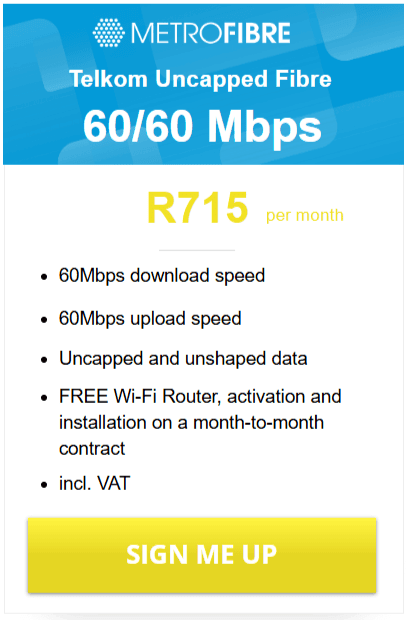 Telkom Fibre 60/60Mbps Package