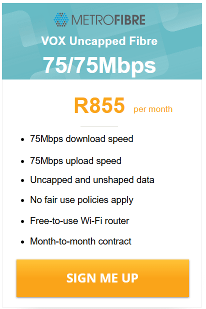 Vox Over Metrofibre Networx 75/75 Mbps deal