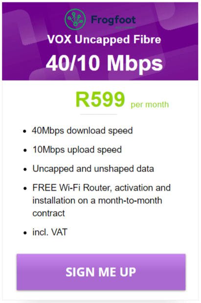 Vox Fibre 40/10Mbps Package