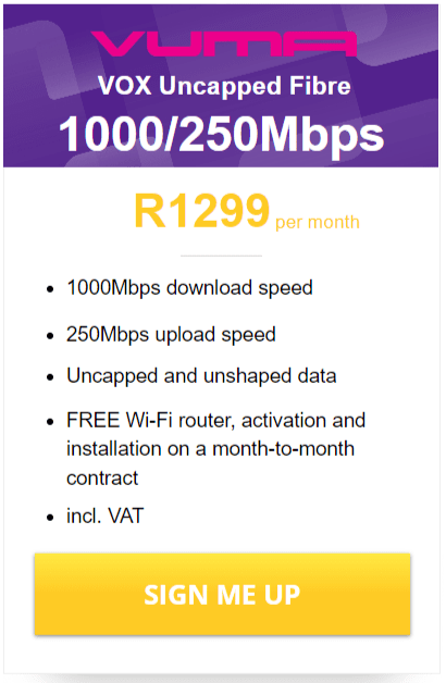 Vox Vuma Fibre 1000/250 Mbps Package