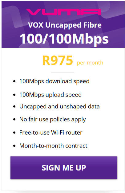 Vox Vuma Fibre 100/100 Mbps Package
