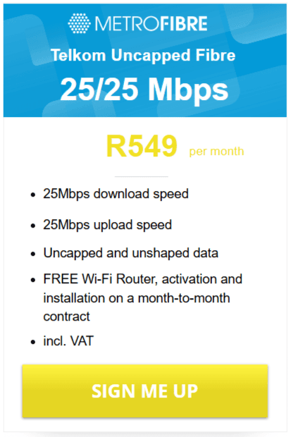 Telkom Fibre 25/25Mbps Package