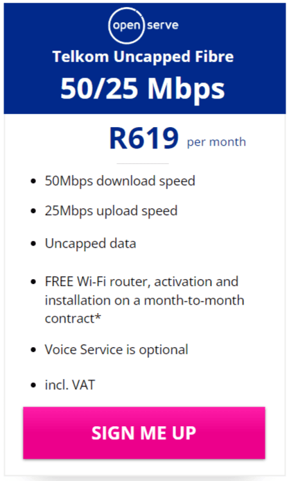 Telkom Fibre 50/25Mbps Package