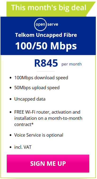 Telkom Fibre 100/50Mbps Package
