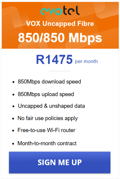 Vox Evotel Fibre 850/850 Mbps Package