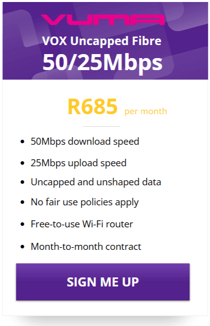 Vox Vuma Fibre 50/25Mbps Package