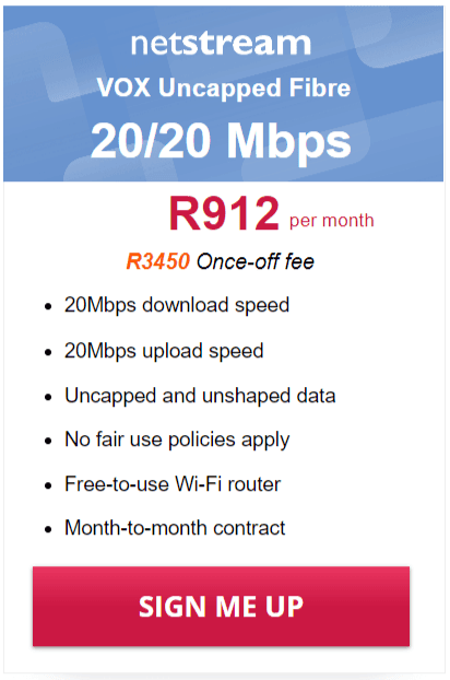 Vox Netstream Fibre 20/20 Mbps Package