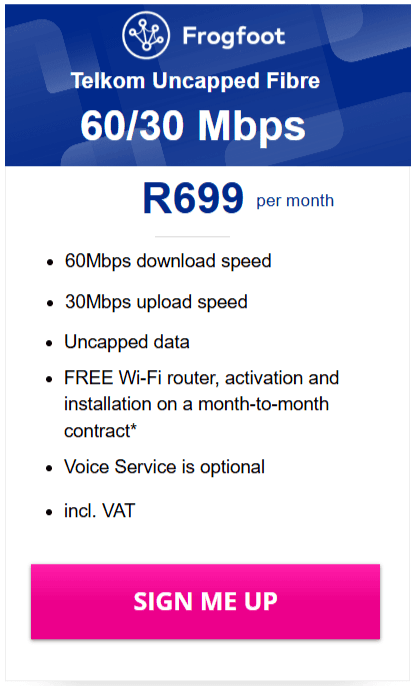 Telkom Frogfoot Fibre 60/30Mbps Package