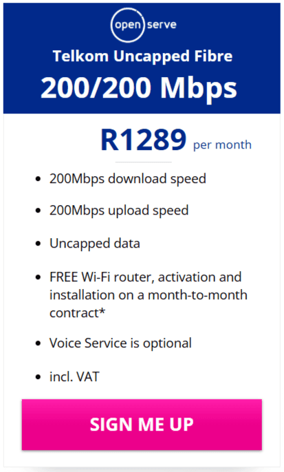 Telkom Fibre 200/200Mbps Package
