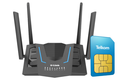 D-Link G413X router and SIM card showcasing Telkom LTE packages and unlimited data deals in South Africa