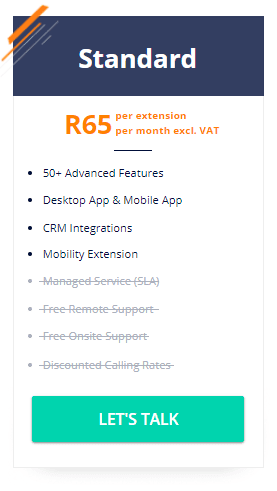 Standard PBX Package cost - R65 per extension per month