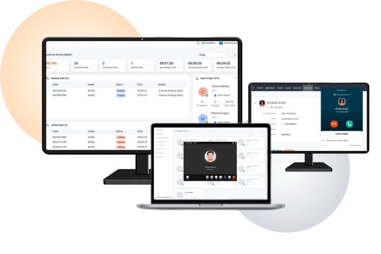 An image with 3 monitors showing the different unified communications features such as messaging, voice and video calling.