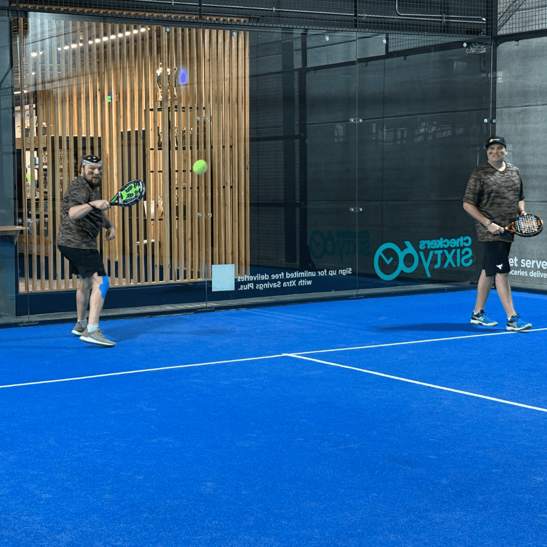 Hansie and Paul rallying during the Padel event