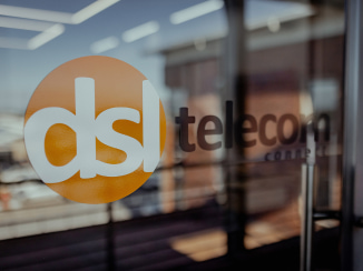 The DSL Telecom logo on the office doors situated in Helderberg DSL Telecom's Helderberg office, home to technology internships in the Western Cape.