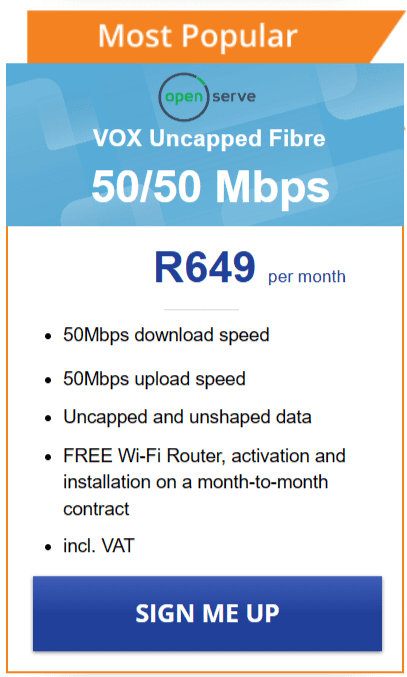 Vox Openserve Fibre 50/50 Mbps Package