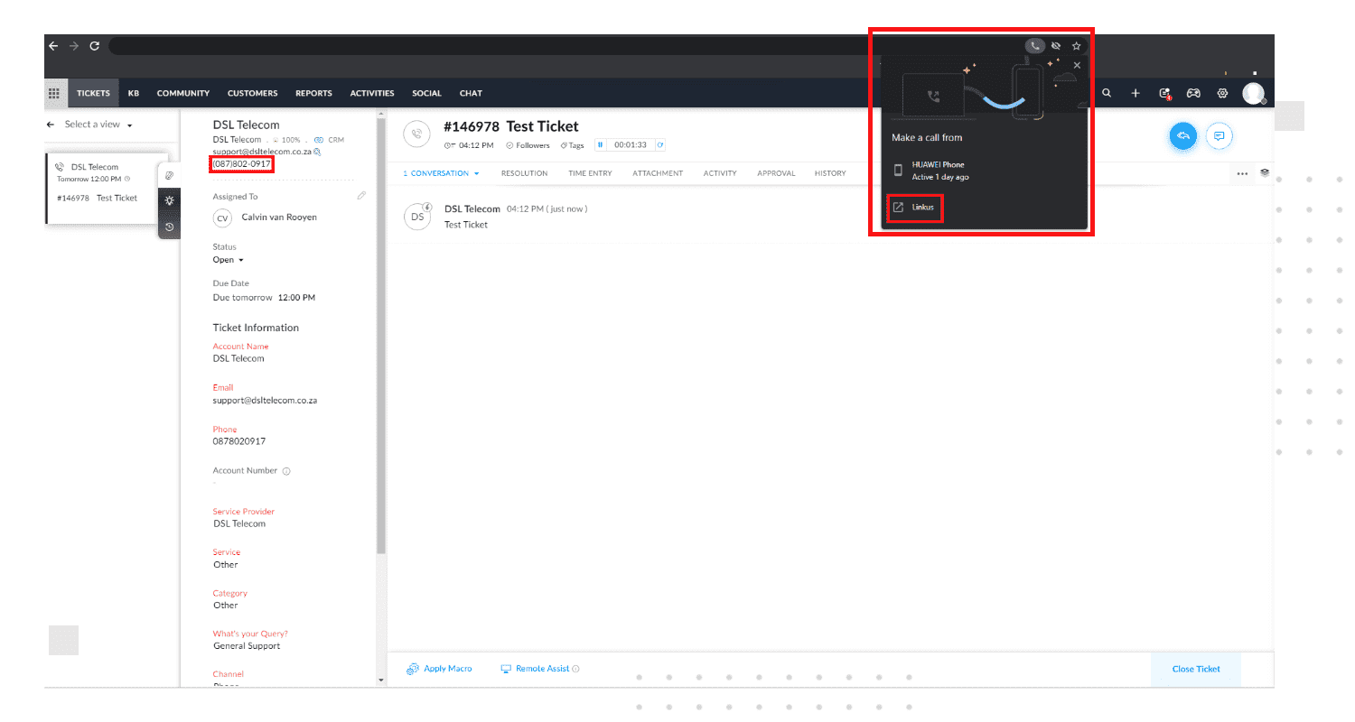 Click to call your customer directly from the Zoho desk desktop interface