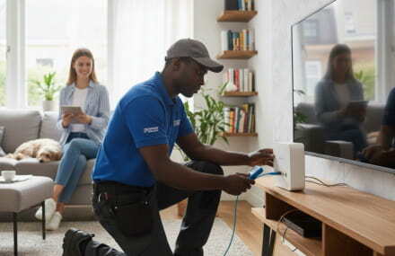 Fibre technician installing and activating Telkom Metrofibre fibre for a household.