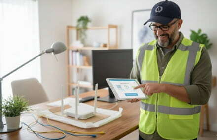 Fibre technician installing and activating Telkom Vuma fibre for a home.