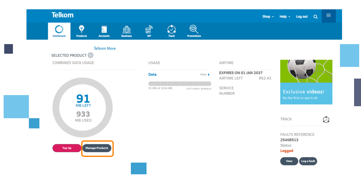 Navigate to the ''Manage Products'' section on the Telkom portal