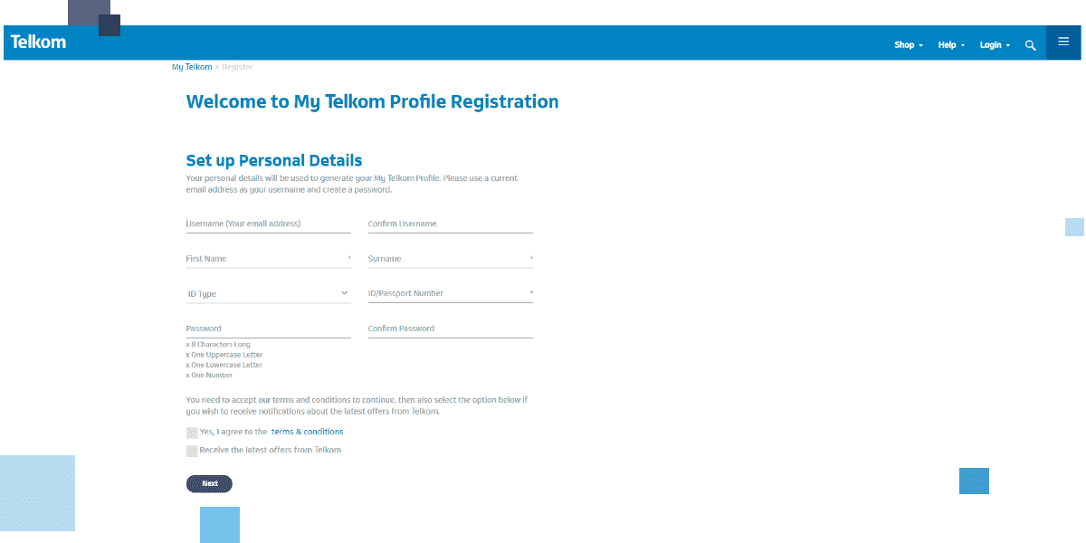 Register to create a Telkom user profile if not already a member.