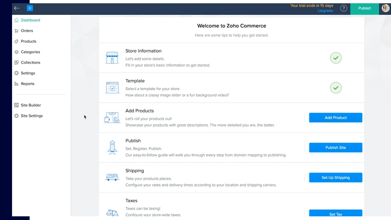 Screenshot of the steps to take in order to set up your ecommerce store in the Zoho Commerce