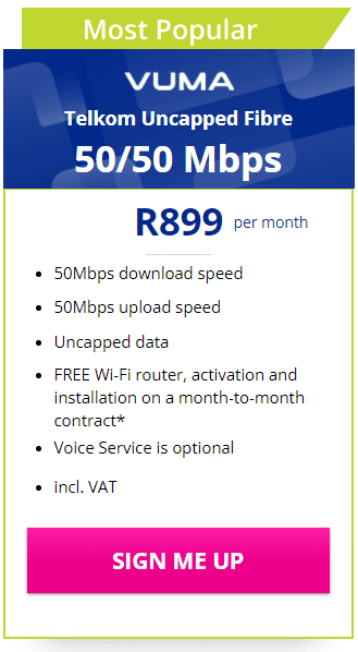 Telkom Vuma Fibre 50/50Mbps Package
