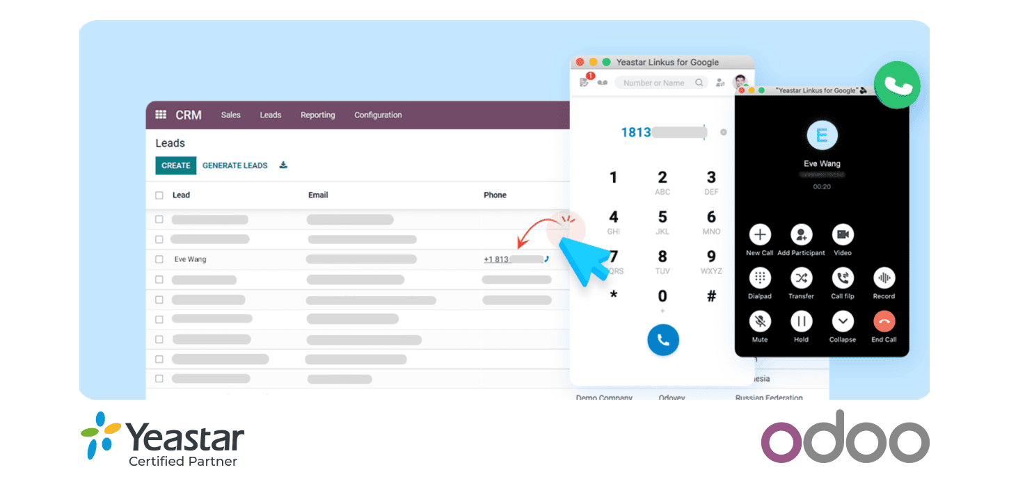 Yeastar and Odoo CRM integration user interface