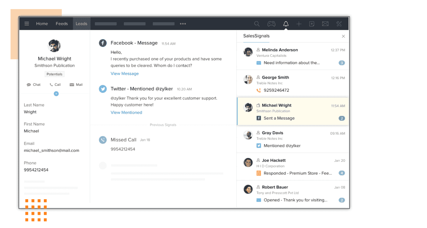 Signals in Zoho CRM provide real-time notifications of all touch points from your leads