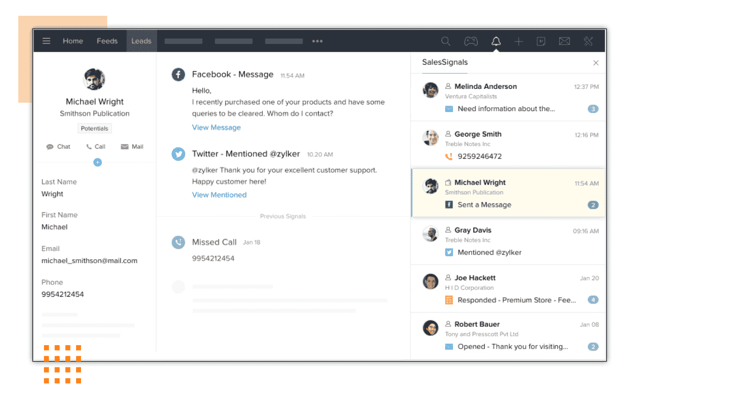 Signals in Zoho CRM provide real-time notifications of all touch points from your leads 