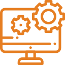 An icon of a computer with gears showcasing DSL Telecom’s 13+ years of Zoho software expertise.
