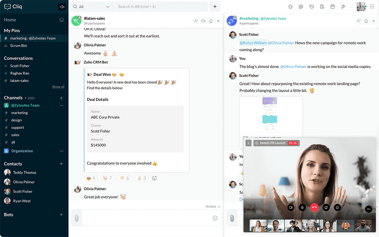 Zoho Cliq simplifies your team communication with organized conversations, information that's easy to find and by connecting to the tools you love.