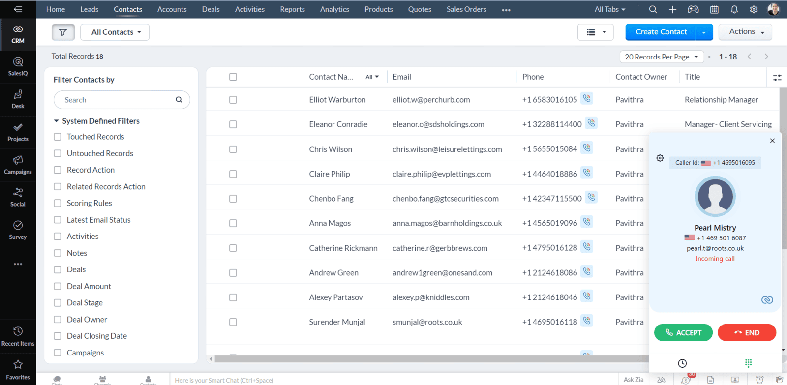 An image demonstrating call handling directly from Zoho CRM