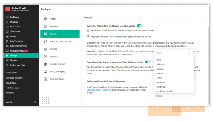 Zoho WorkDrive is a file and data management app that helps you manage documents in the cloud