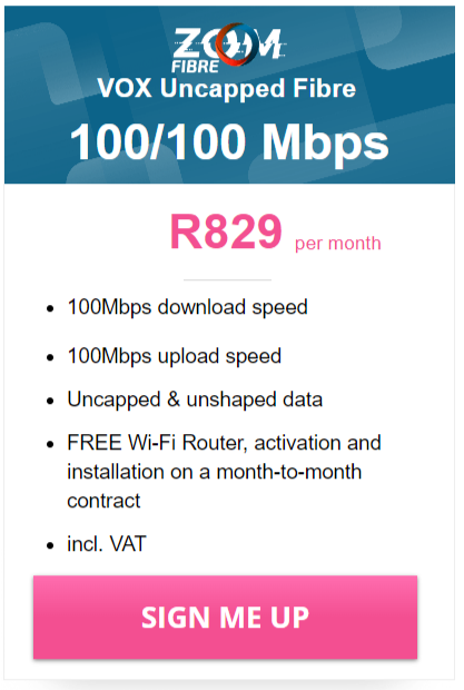 Vox Zoom Fibre 100/100 Mbps Package