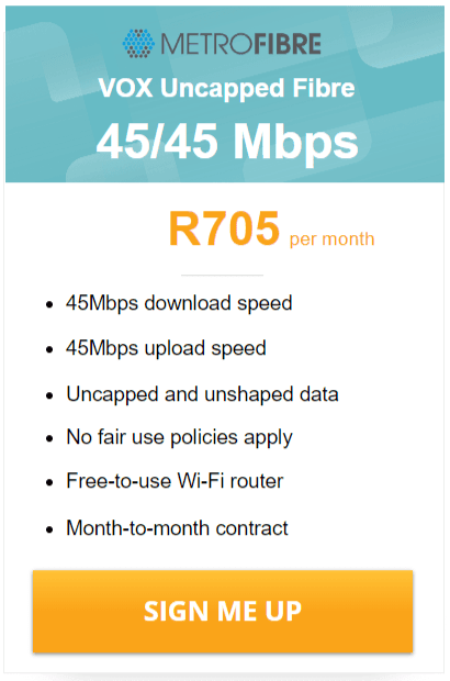 Vox Over Metrofibre Networx 45/55 Mbps deal