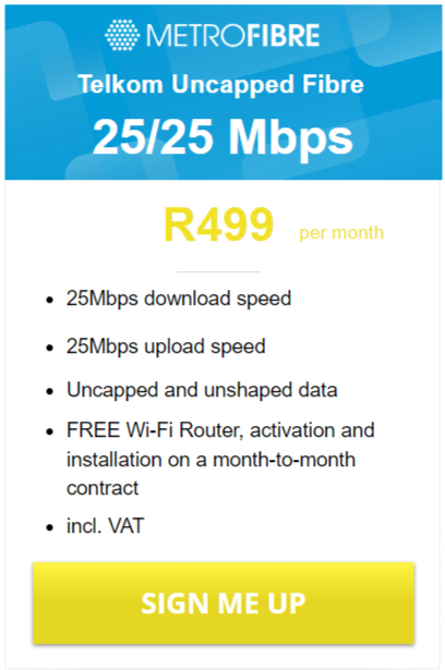 Telkom Fibre 25/25Mbps Package